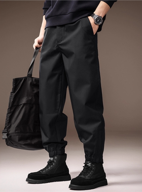 高端美式复古黑色户外工装裤子男秋季新款宽松哈伦束脚男士休闲裤