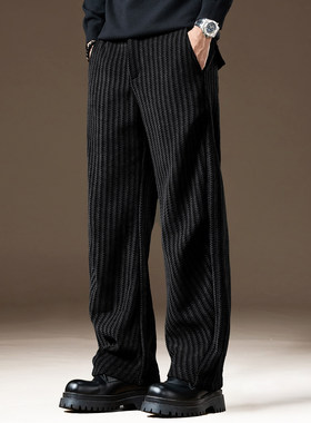 高端法式鱼骨纹设计休闲裤男士冬季新款潮牌宽松阔腿条纹黑色卫裤