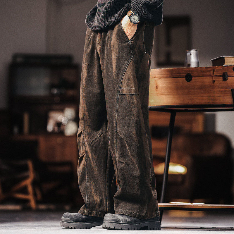 格蓝鹿美式复古重工水洗扎染工装牛仔裤男款秋季阔腿弯刀休闲裤子