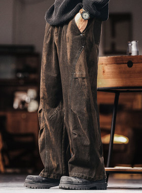 格蓝鹿美式复古重工水洗扎染工装牛仔裤男款秋季阔腿弯刀休闲裤子