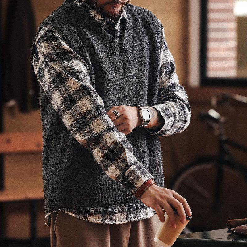 格蓝鹿美式羊毛混纺叠穿针织衫马甲男款秋冬季休闲毛衣背心外套男