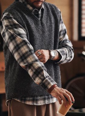 格蓝鹿美式羊毛混纺叠穿针织衫马甲男款秋冬季休闲毛衣背心外套男
