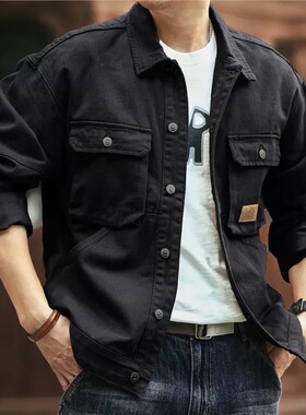 格蓝鹿美式复古牛仔工装外套男秋季加绒休闲硬汉宽松黑色猎装夹克