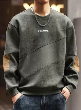 格蓝鹿美式重磅肌理拼接男士卫衣2025秋季加绒宽松长袖印花上衣男