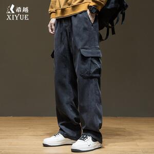 希越水貂绒工装裤男美式直筒休闲裤春秋季新款宽松大码男士长裤子