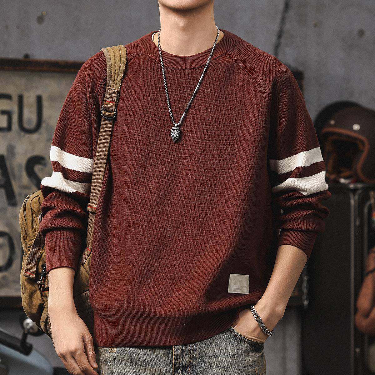 红色毛衣男冬季撞色拼接保暖宽松圆领打底衫日系复古休闲针织衫潮