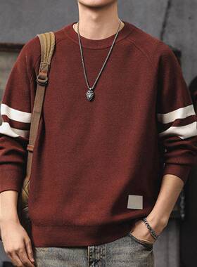 红色毛衣男冬季撞色拼接保暖宽松圆领打底衫日系复古休闲针织衫潮