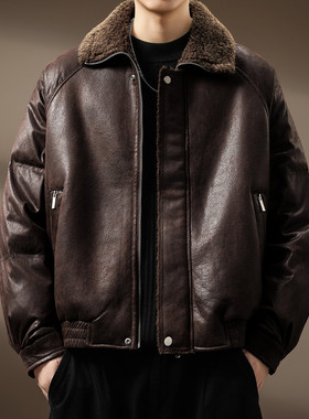 高端德系复古老钱风皮毛一体棉服男士秋冬派克服棉袄加绒皮衣外套