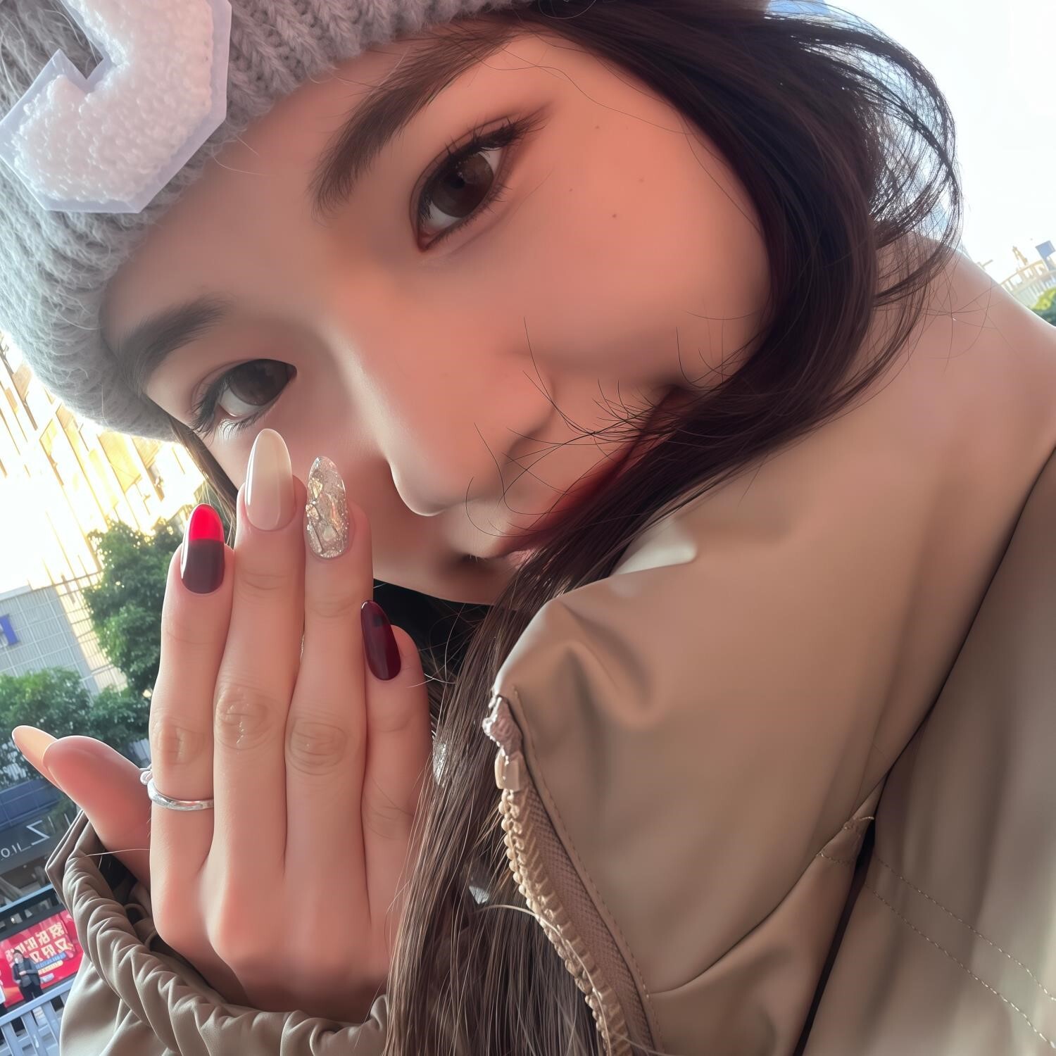 手工猫眼美甲穿戴甲2026新年款红色香槟钻显白高级指甲贴片中长款