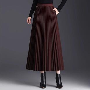 高端毛呢半身裙女春季口袋百褶裙高腰显瘦大摆裙长裙秋冬裙女半裙