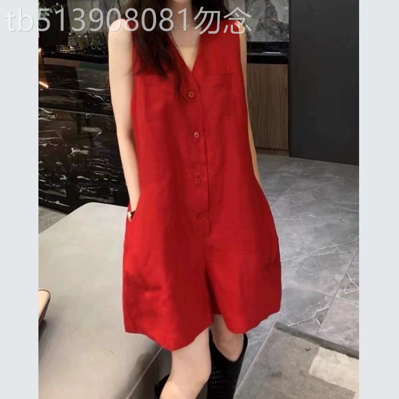 香港it代购韩国宽松棉麻红色吊带裙阔腿短裤抱婴袋连身裤裙女夏