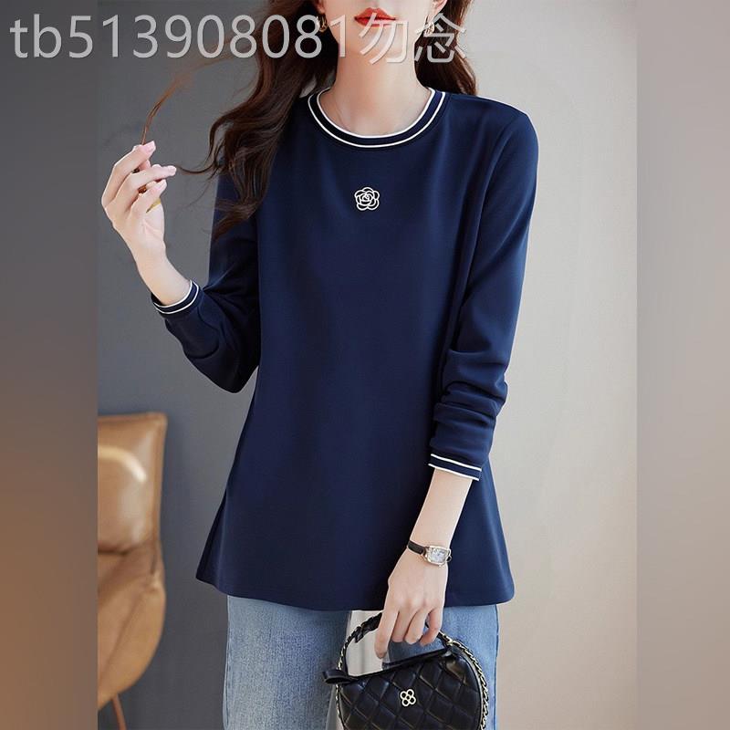 潮牌大码长袖t恤女2026春秋新款宽松刺绣上衣洋气遮肉胖mm打底衫