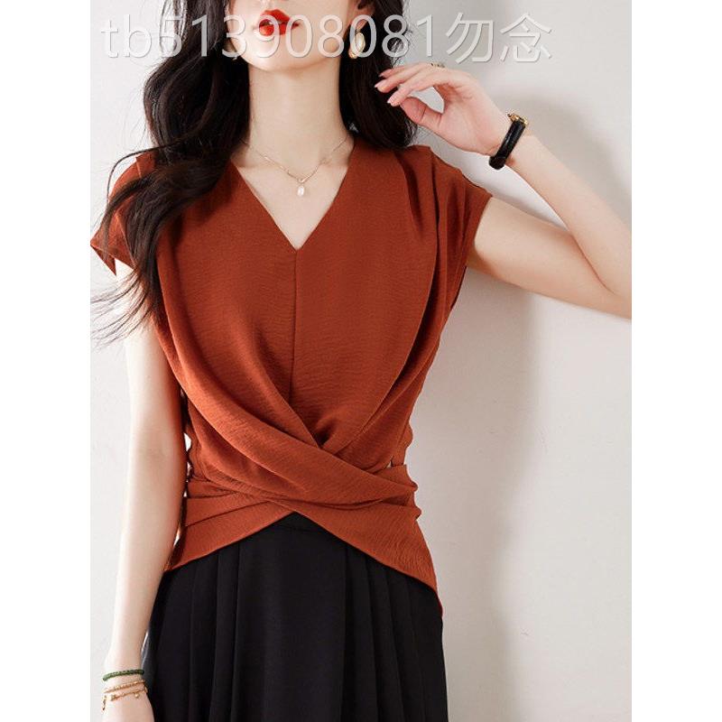 美拉德咖啡色夏季女性v领无袖露腰衬衫,今年流行又别致的高端漂