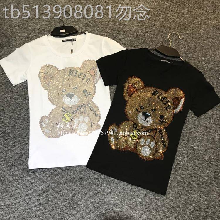 香港正品潮牌夏季欧美卡通小熊烫钻半袖男女款丝光棉冰丝短袖T恤
