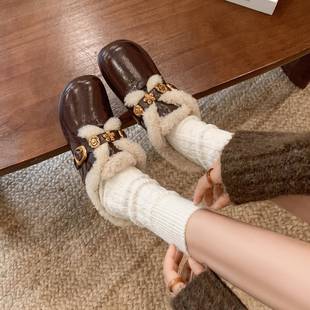 榛果黑巧~ 复古真皮金属扣加绒保暖毛毛鞋女圆头内增高单鞋秋冬季