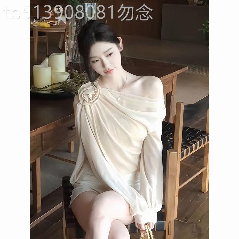 法式立体花设计感斜肩长袖衬衫女春秋薄款露肩雪纺衫温柔气质上衣