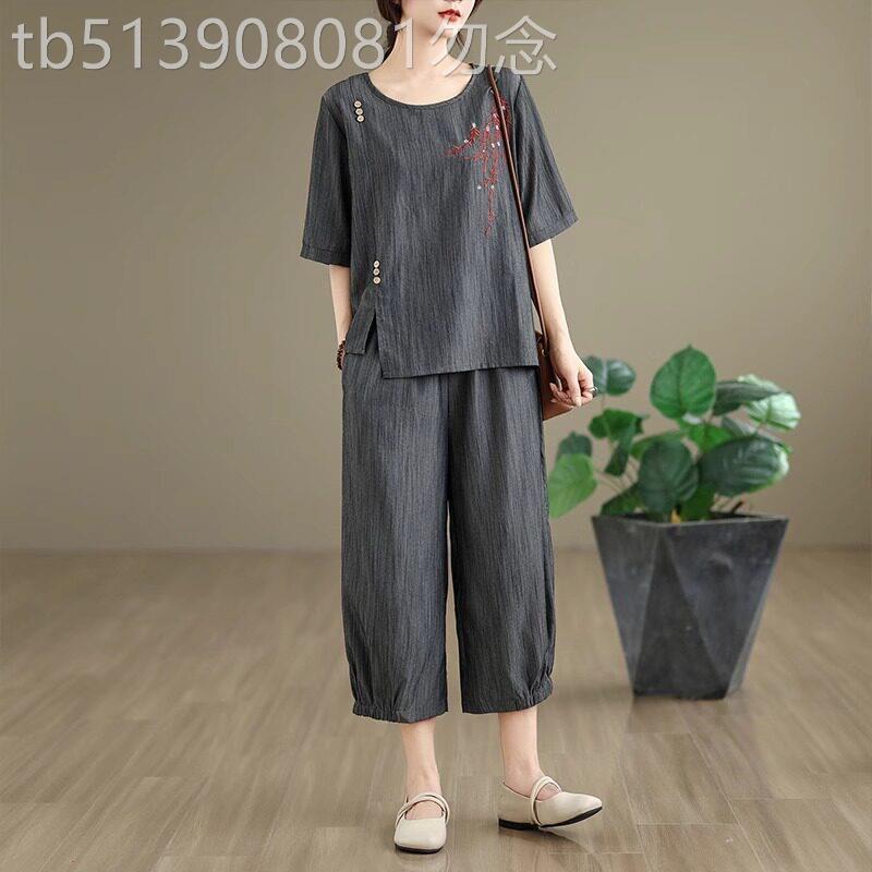 潮牌妈妈棉麻亚麻套装女夏季新款苧麻一整套高级感时尚棉绸两件套