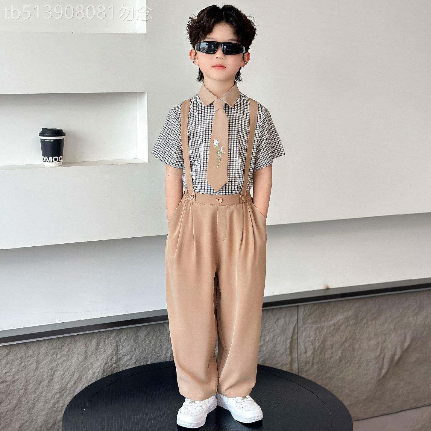 韩国Uamtor男童西装夏季格子衬衫背带裤套装儿童礼服男孩演出服装