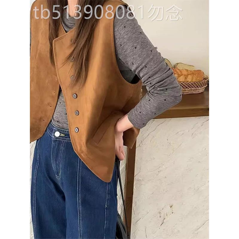 麂皮绒单排扣无袖马甲短外套女春秋欧货新款宽松外搭坎肩马夹上衣