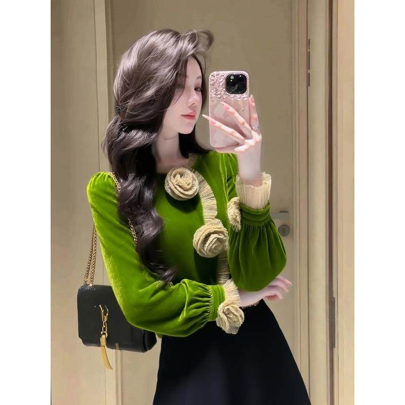 法式复古高端精致设计感打底衫女冬季高级感绿色立体玫瑰丝绒衬衫,女装/女士精品,真丝上装,淘宝优惠券,粉丝福利购,淘宝优惠卷