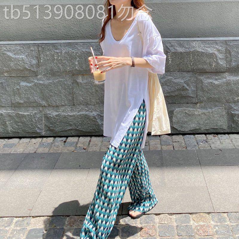中长版白色短袖T恤女夏2025新款宽松显瘦遮屁股侧开 叉V领T恤上衣