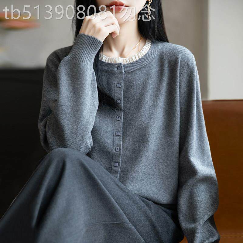 假两件长袖针织开衫外套女春秋装新款时尚蕾丝边内搭外穿毛衣上衣