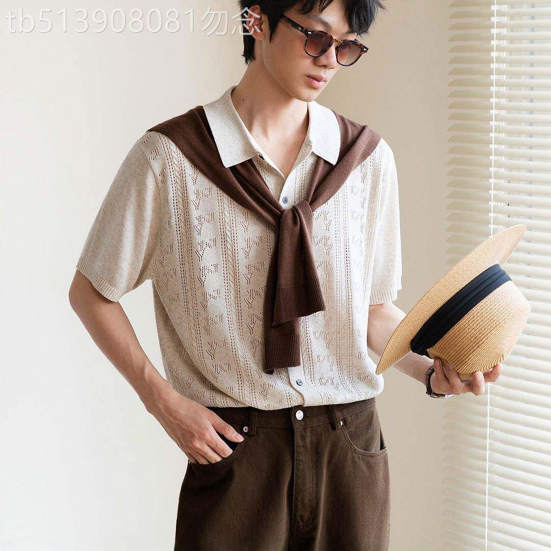 潮牌老钱风翻领镂空针织衬衫男夏季宽松短袖开衫时尚复古编织风