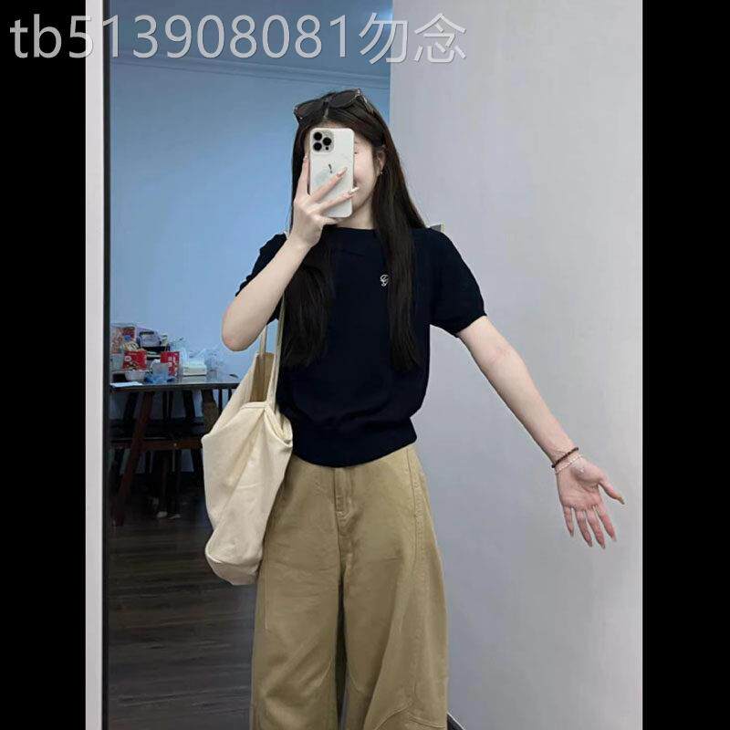 学院风黑色针织短袖t恤女士夏季欧货小个子修身正肩短款冰丝上衣