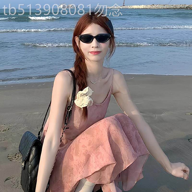 法式小香风粉色碎花吊带洋装女夏2025新款小个子收腰无袖长裙子