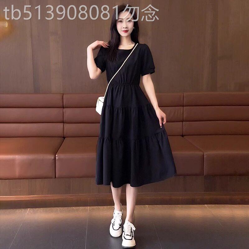短袖连衣裙女夏季中长款2025年新款收腰显瘦时尚高腰宽松休闲裙子