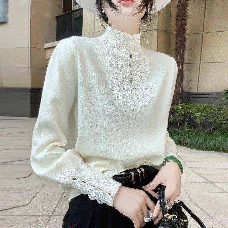欧货蕾丝钉珠镂空毛针织衫女秋冬新款气质半高领打底衫高级感上衣,女装/女士精品,大码内搭,淘宝优惠券,粉丝福利购,淘宝优惠卷
