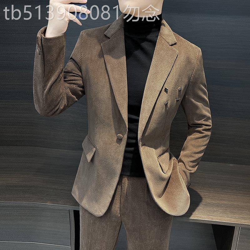 欧洲站灯芯绒西服套装男春秋韩版修身痞帅男装双排扣休闲西装外套