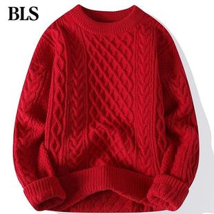 高端本命年红色毛衣男款2025新款秋冬加厚保暖马年粗麻花针织外套