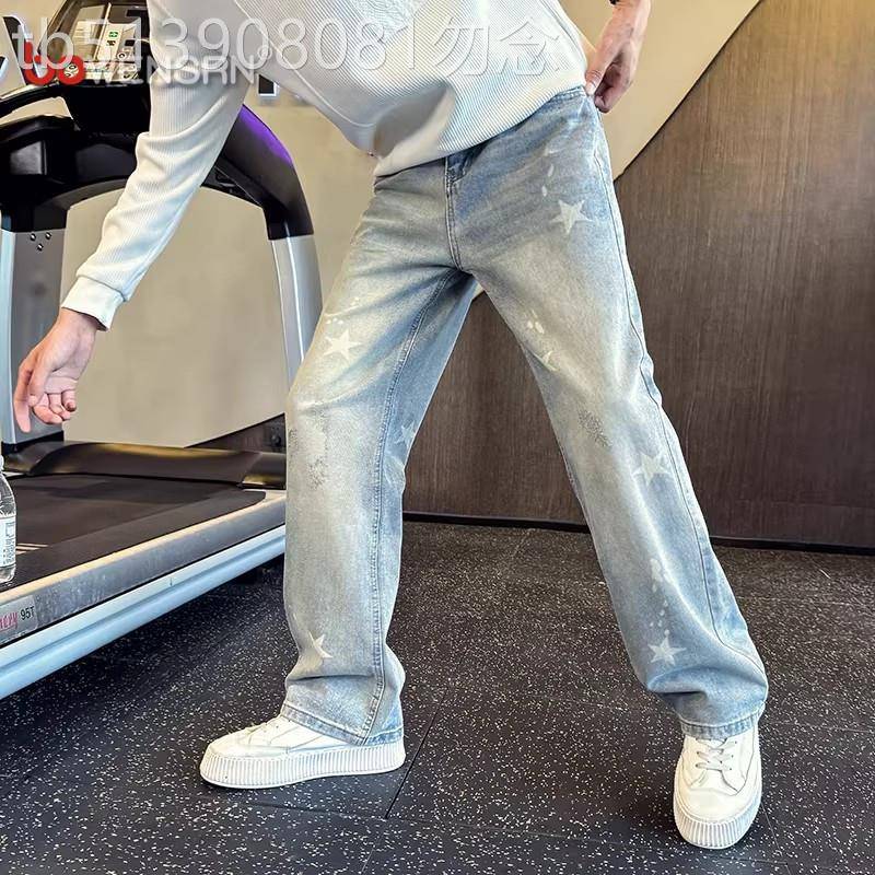 潮牌浅色牛仔裤男士2026新款春秋季男裤痞帅印花宽松直筒裤子男款