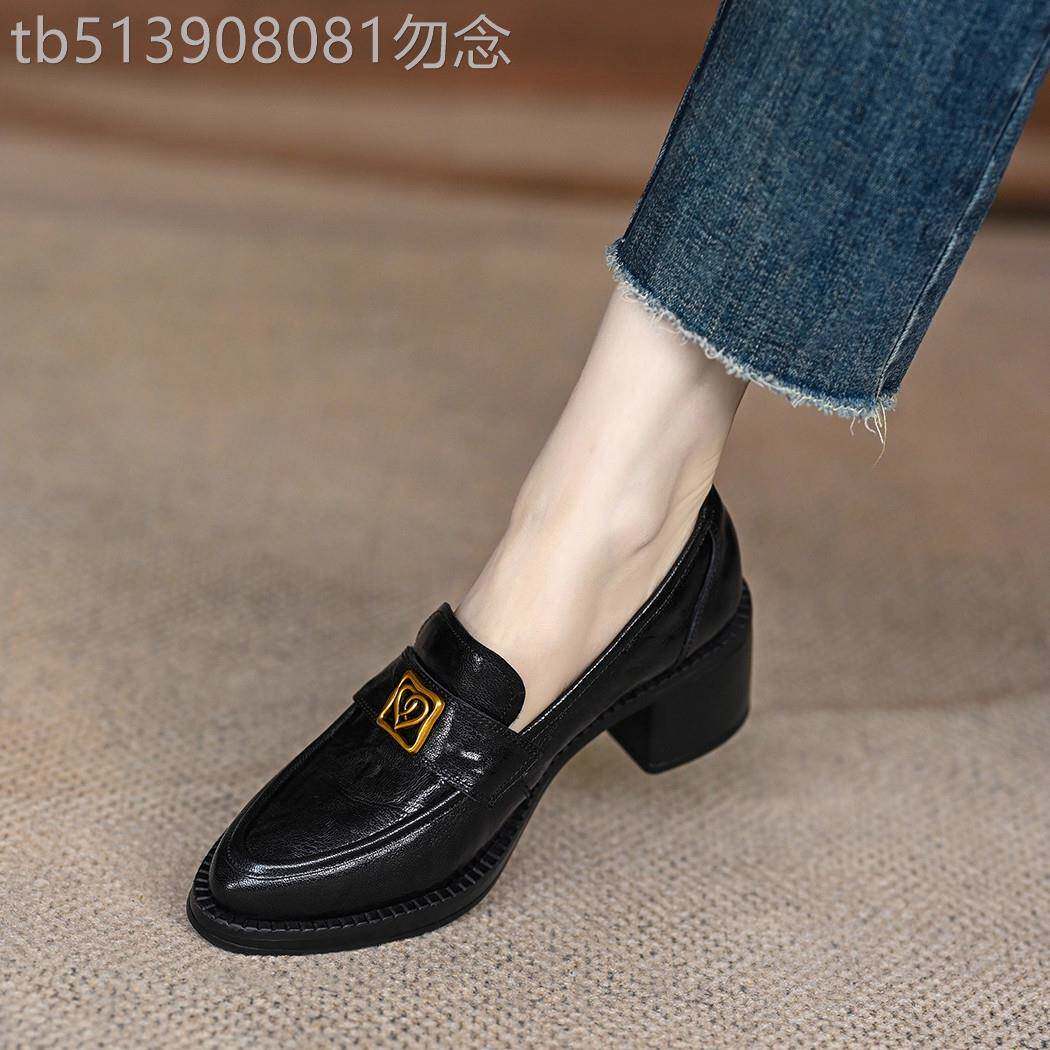 羊皮粗跟乐福鞋女2025春秋新款尖头厚底单鞋通勤复古英伦风小皮鞋