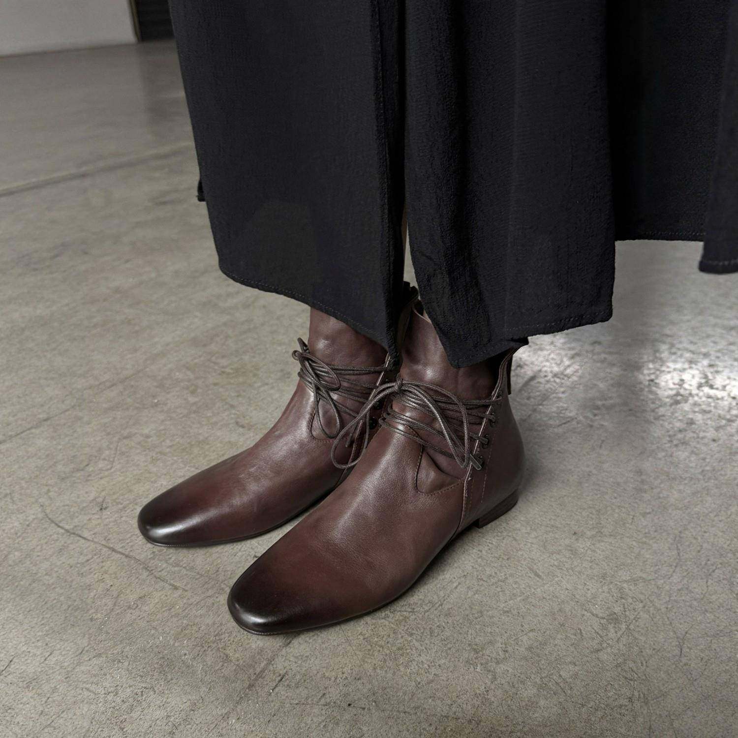 文艺复兴~ 小众复古擦色真皮绑带圆头平底短靴女百搭女靴马丁靴冬