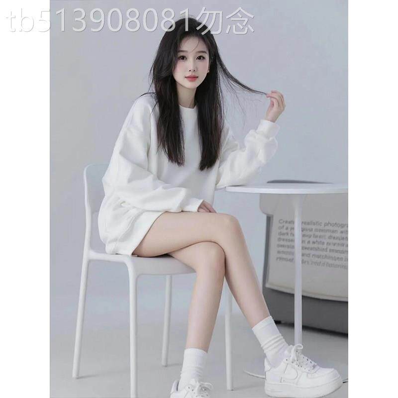 白色圆领重磅卫衣女2025新款韩系漂亮中长款宽松休闲气质纯色上衣
