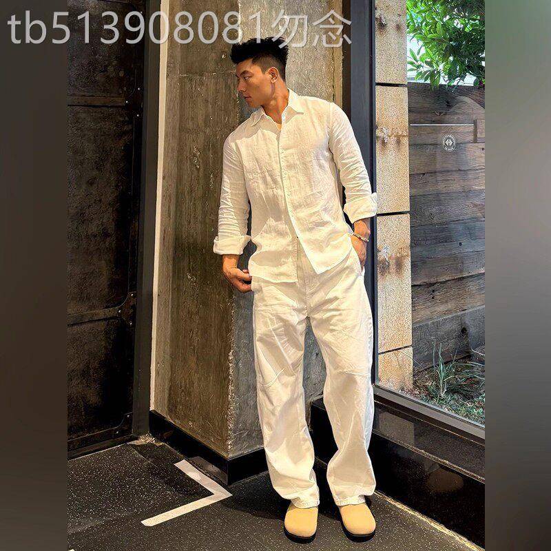 轻奢白色老钱风衬衫套装男款2026夏季新款天丝棉麻阔腿裤一整套潮