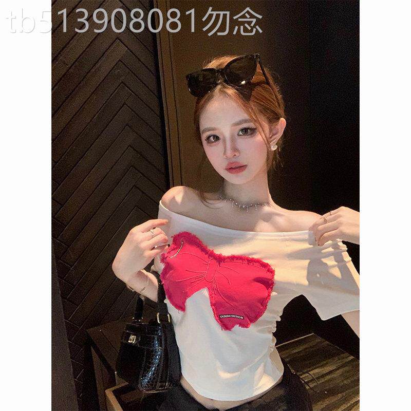 美式y2k蝴蝶结短袖t恤女夏季新款纯欲甜辣妹性感一字肩短款小上衣