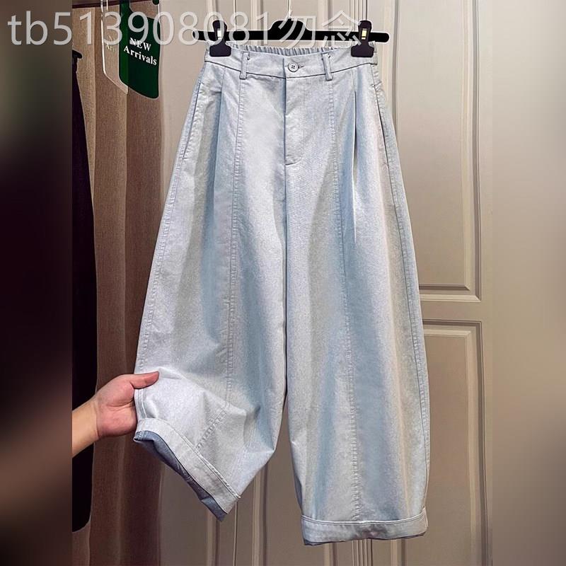 潮牌弯刀牛仔裤女夏季大尺码梨形身材胖mm高腰显瘦后松紧九分哈伦