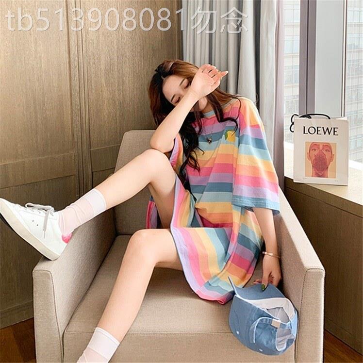 中长版彩虹条纹纯棉t恤女短袖夏装新款设计感宽松半袖上衣服ins潮