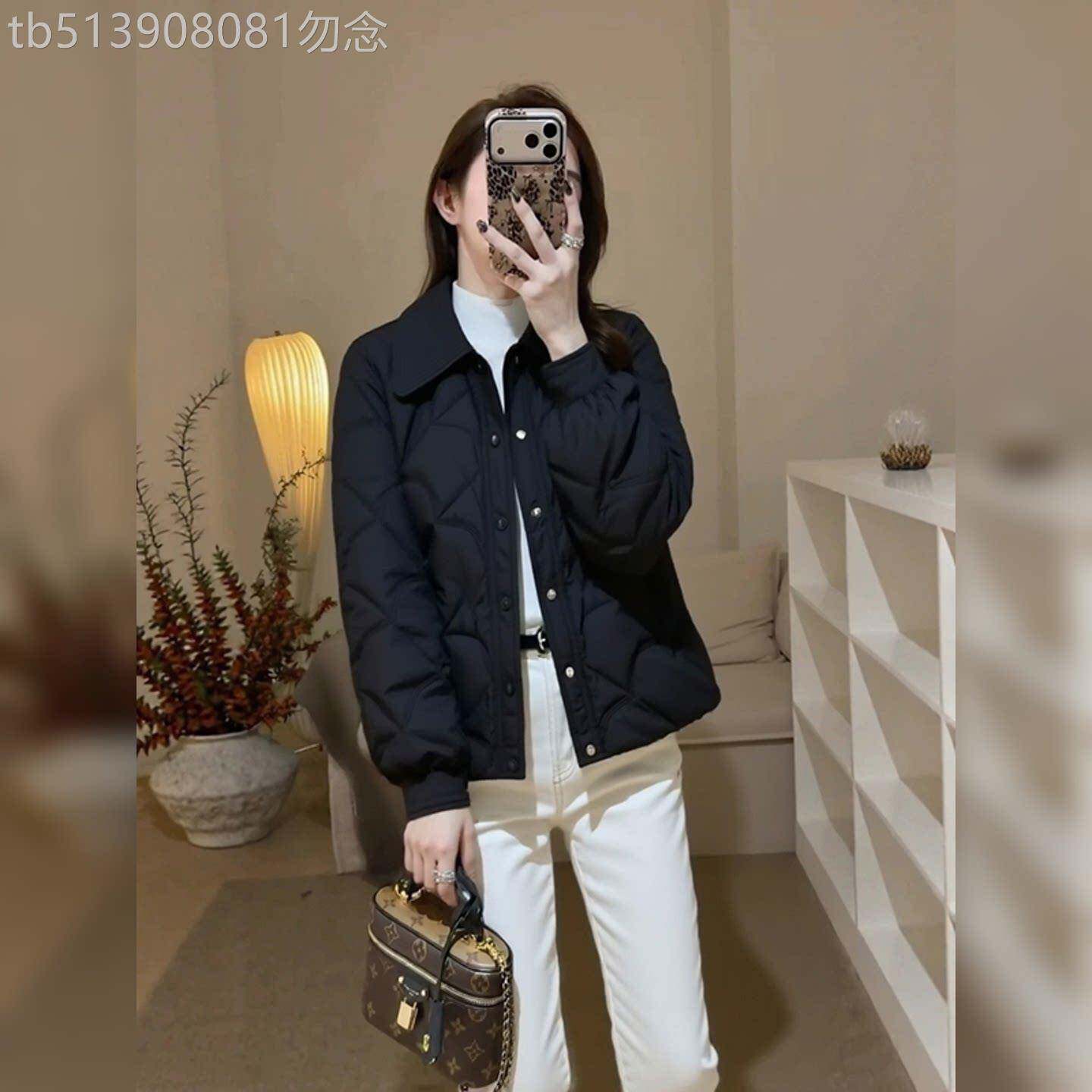 韩系黑色翻领菱格轻薄夹棉外套女2025冬季新款超好看保暖棉服上衣