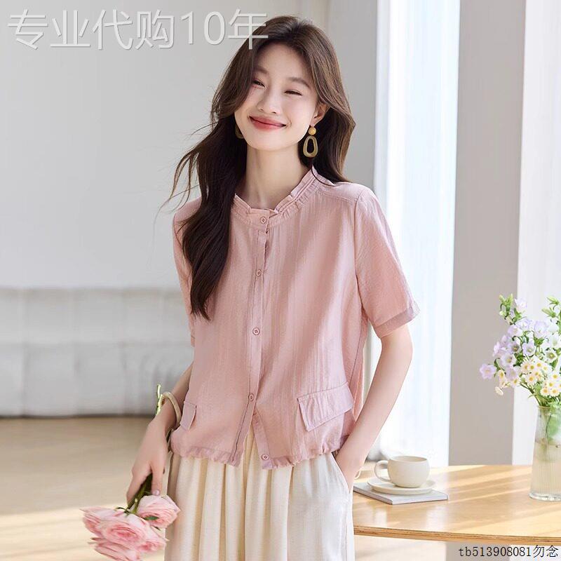 2025新款亚麻短袖衬衫女 文艺通勤风天丝上衣 显瘦短款棉麻小衫