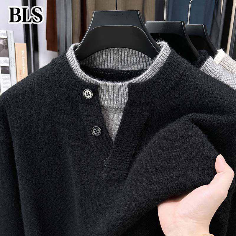 高端假两件毛衣男款冬季2025新款加厚保暖羊毛打底衫男士内搭上衣