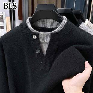 高端假两件毛衣男款冬季2025新款加厚保暖羊毛打底衫男士内搭上衣