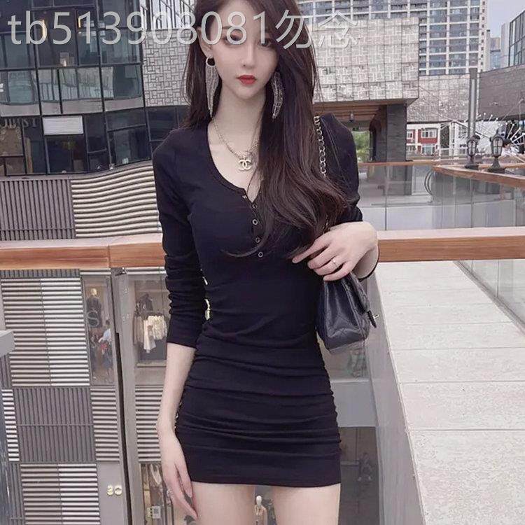 纯欲辣妹长袖子洋装女春秋2025欧货V领设计感包臀显瘦褶皱短裙