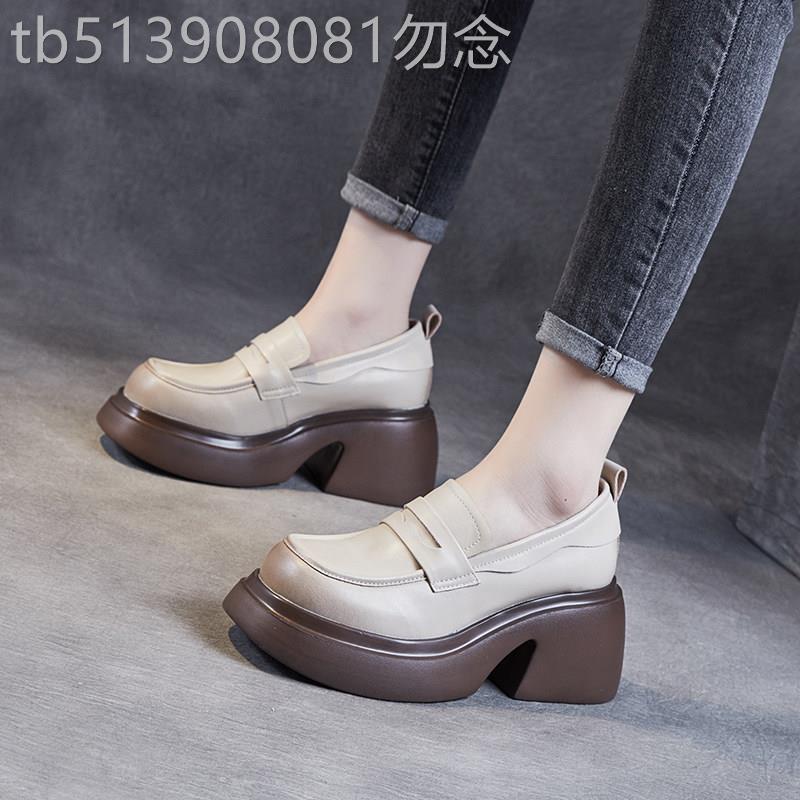 网红厚底复古小皮鞋女2025春季新款真皮乐福鞋粗跟软底松糕底单鞋