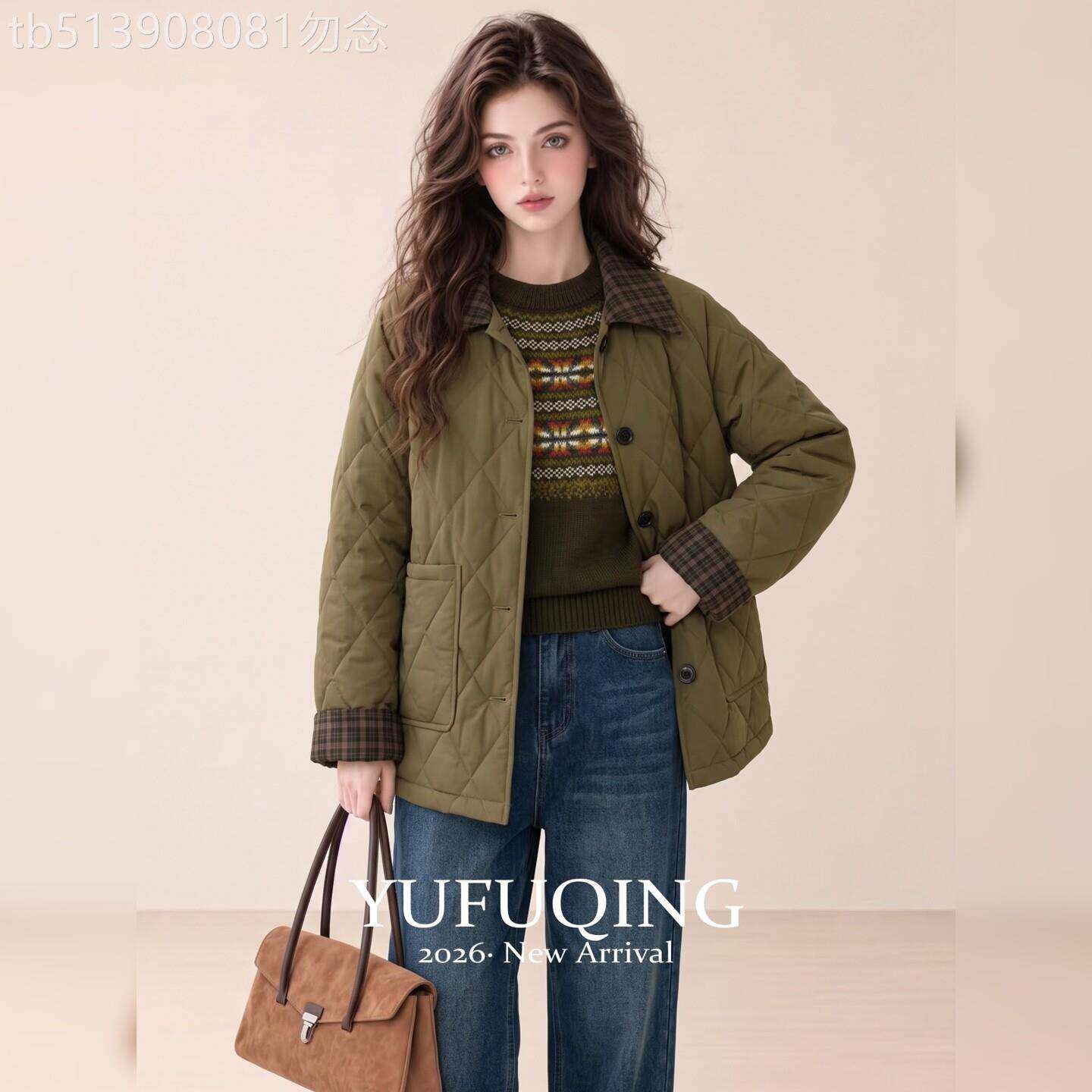 秋冬季新款大码女装棉服加厚宽松复古菱格绗缝橄榄绿保暖棉衣外套