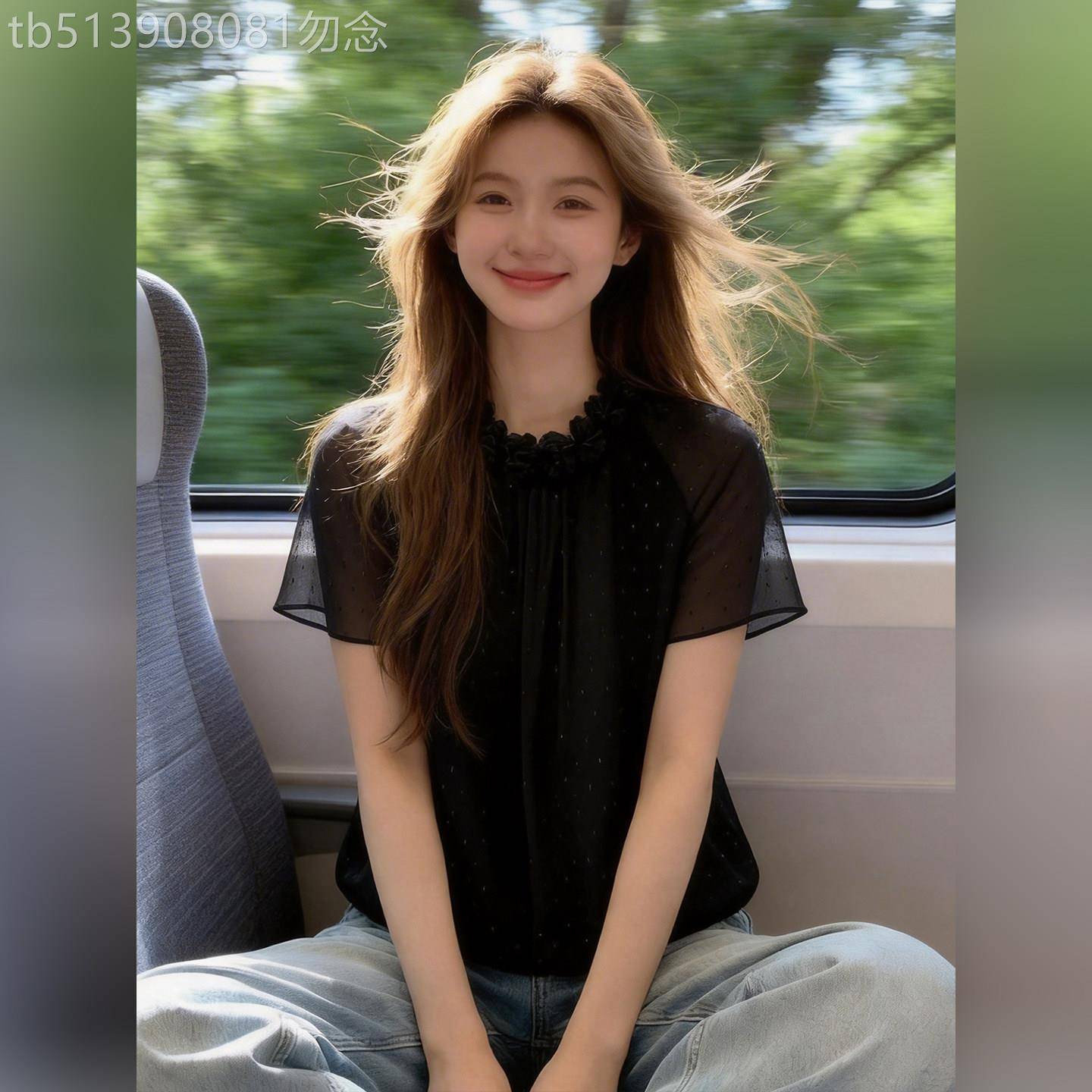 黑色波点网纱拼接短袖上衣女夏季新款小众设计荷叶袖显瘦气质小衫