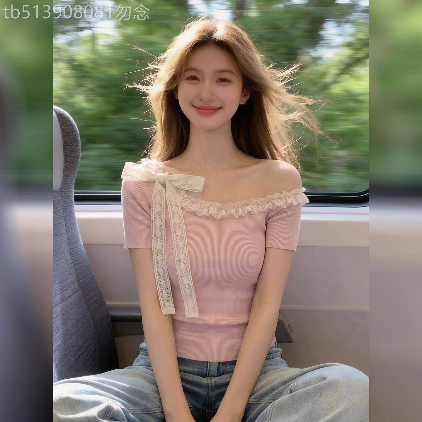 法式粉色蝴蝶结一字肩上衣女2026夏季新款温柔风甜美设计内搭短袖